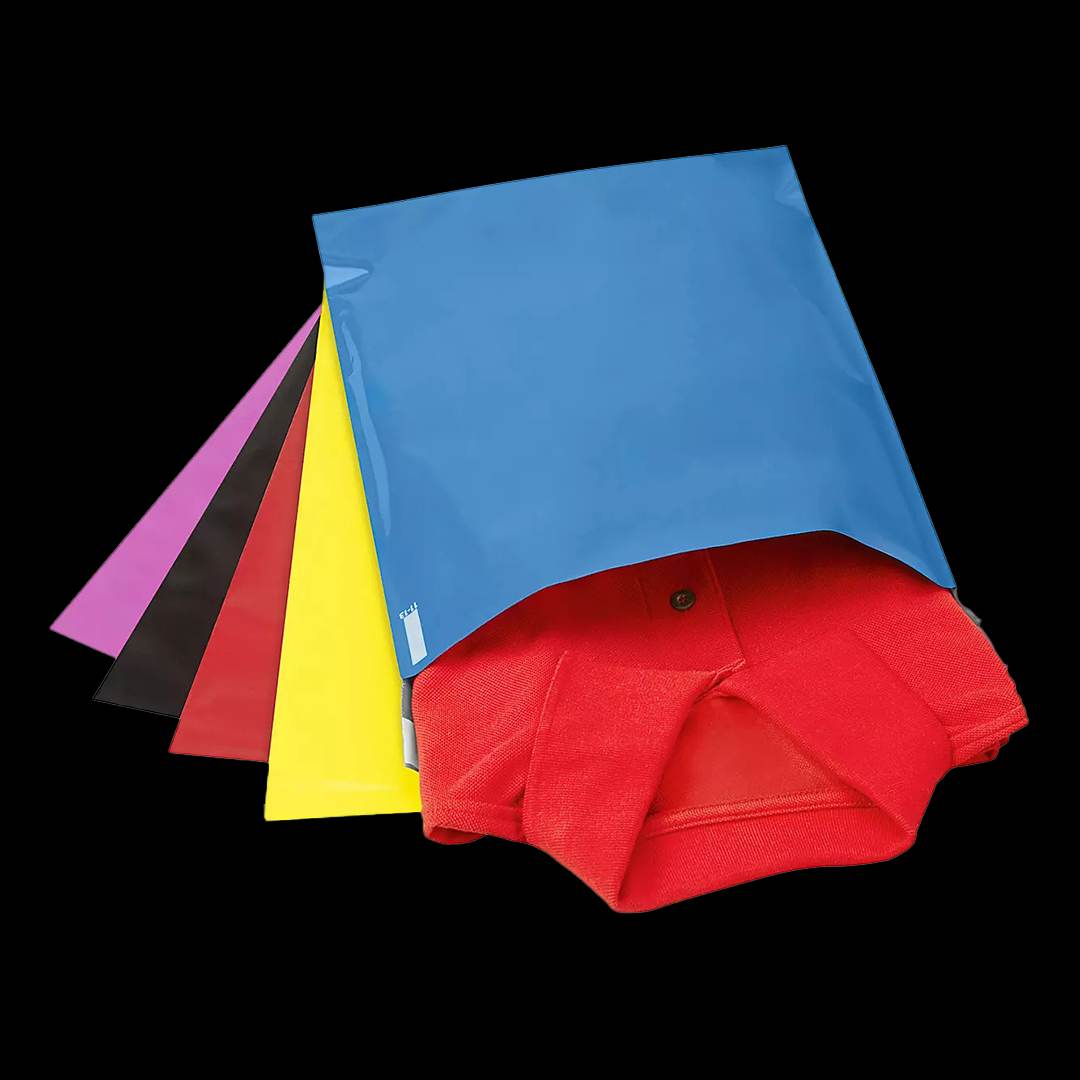 A folded polo shirt part way out of a blue garment mailer, with four other colours fanned behind it