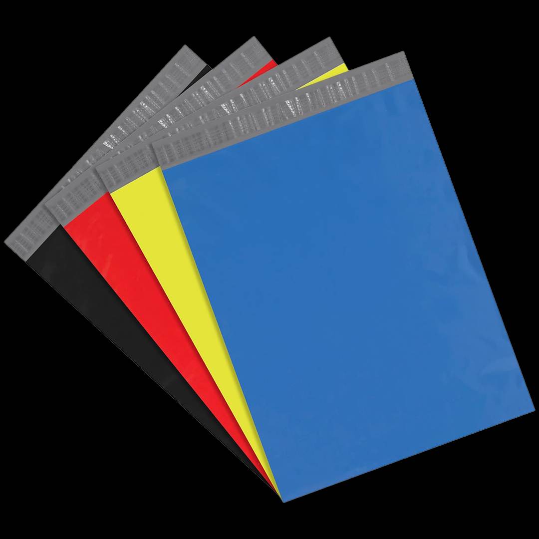 Poly mailers fanned in blue, yellow, red and black to show the stock colour range