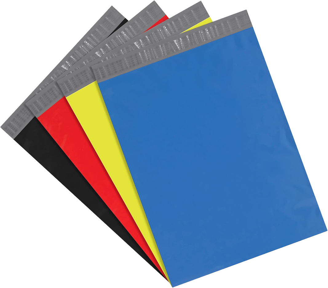 Blue, yellow, red and black poly mailers fanned out, each showing its grey self-adhesive closure strip