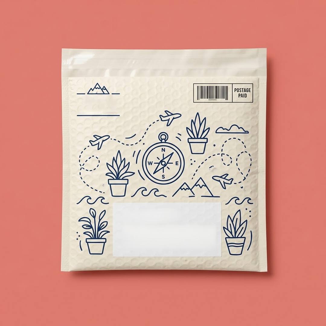 Cream bubble mailer printed with a navy line illustration and a clear white label panel