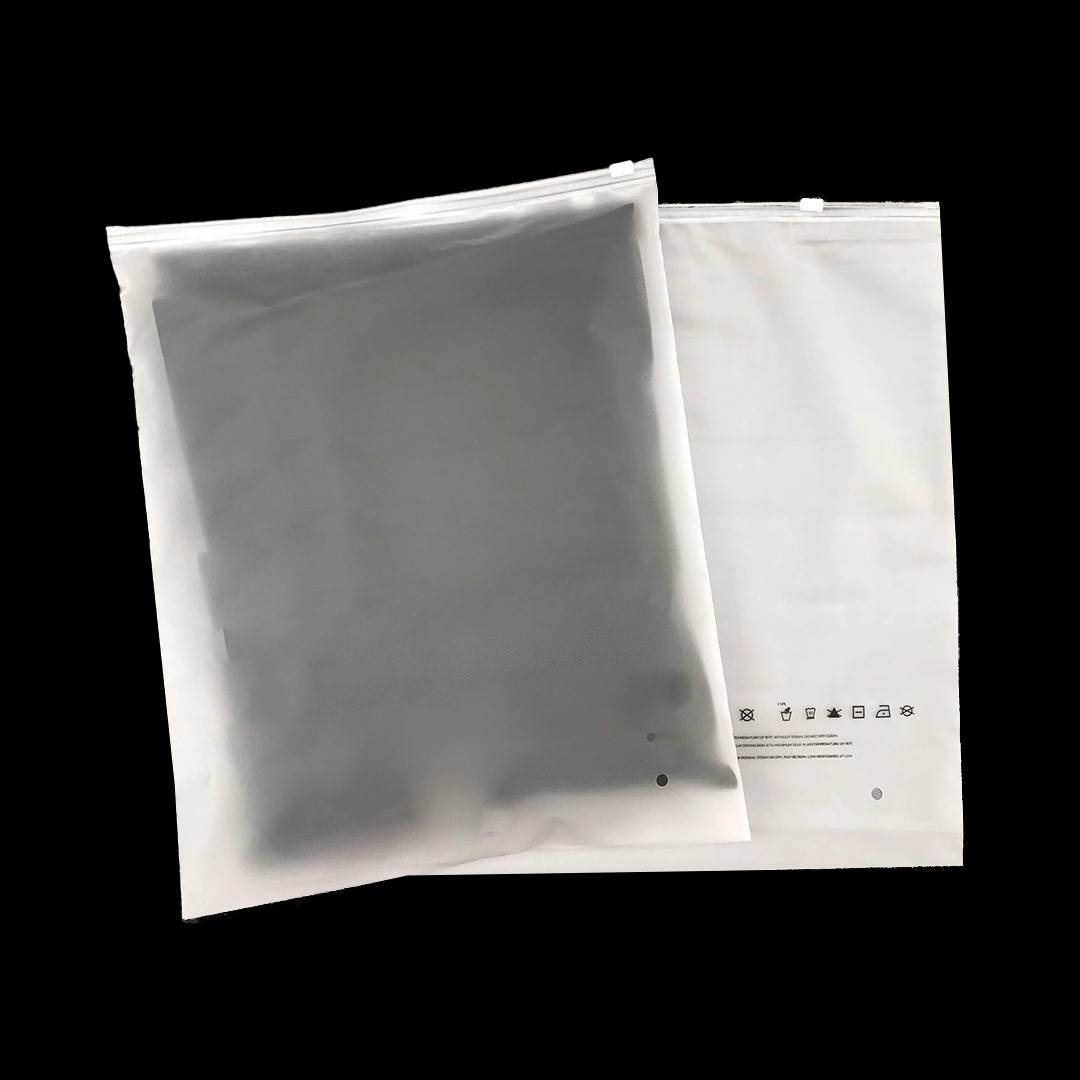Two frosted zip poly bags, one printed with a row of garment care symbols