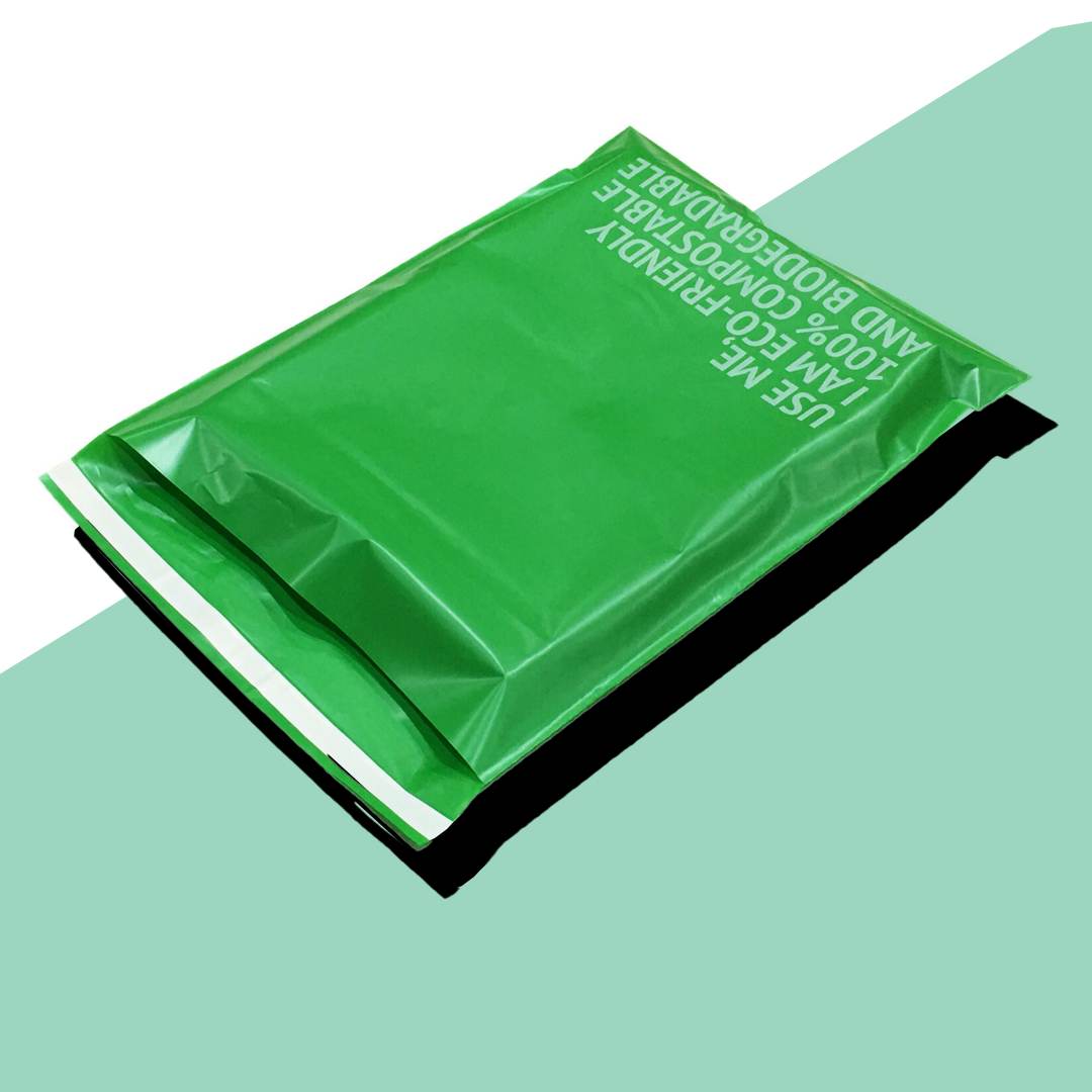 Green mailer printed with a customer’s environmental message across the front panel