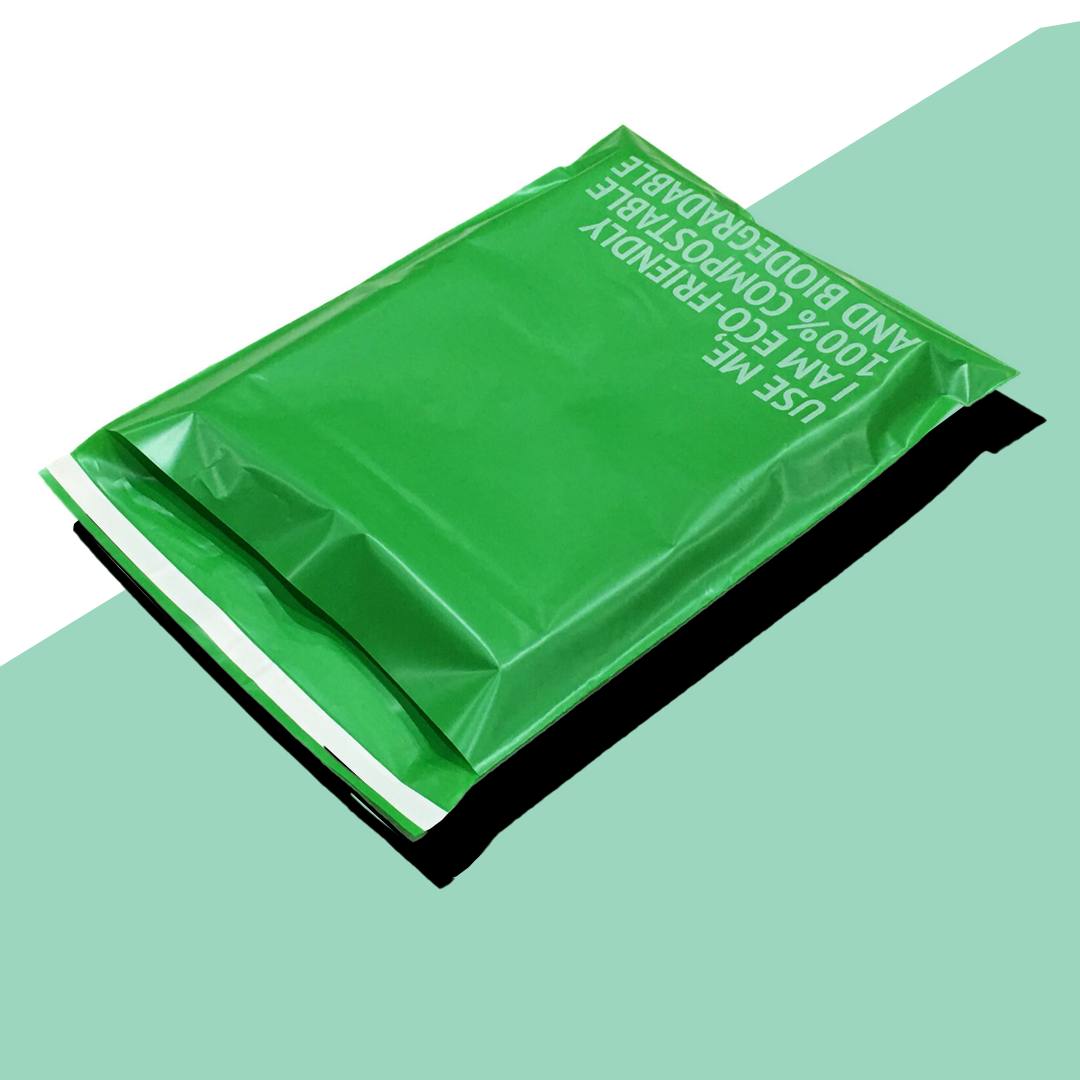 Green mailer printed with a customer’s environmental message across the front panel