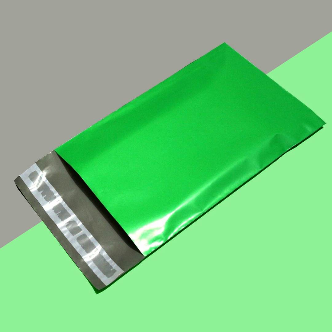 Single bright green poly mailer angled to show its adhesive closure flap