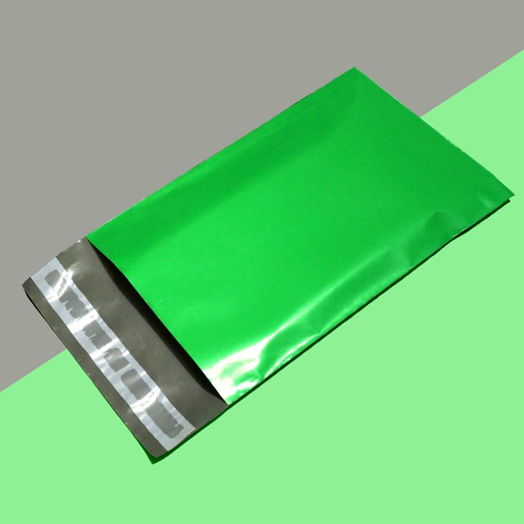 Single bright green poly mailer angled to show its adhesive closure flap