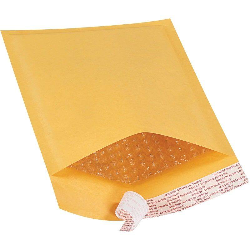 Kraft-faced padded mailer with one corner lifted to show the bubble lining underneath