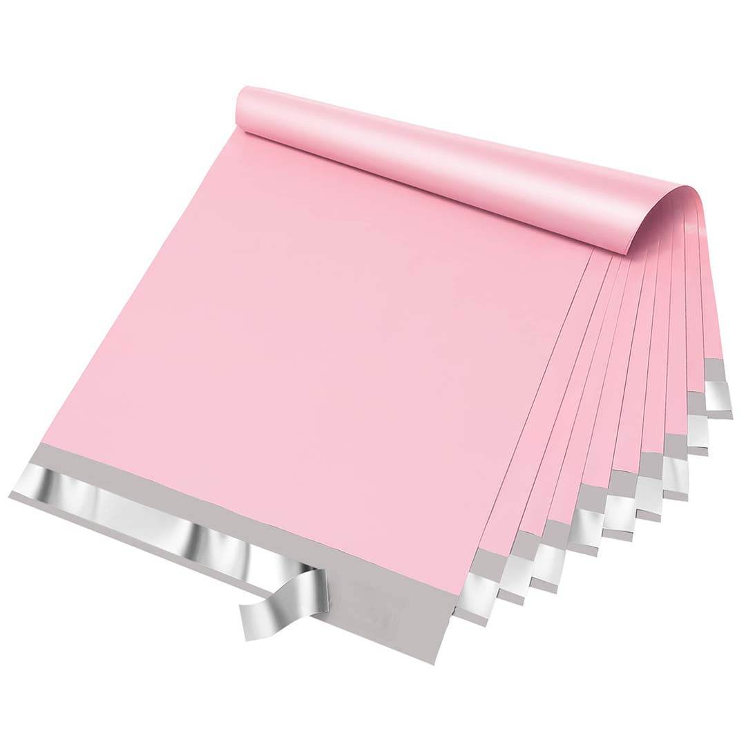Pale blush pink mailers fanned out, showing the silver adhesive strip against the soft tone