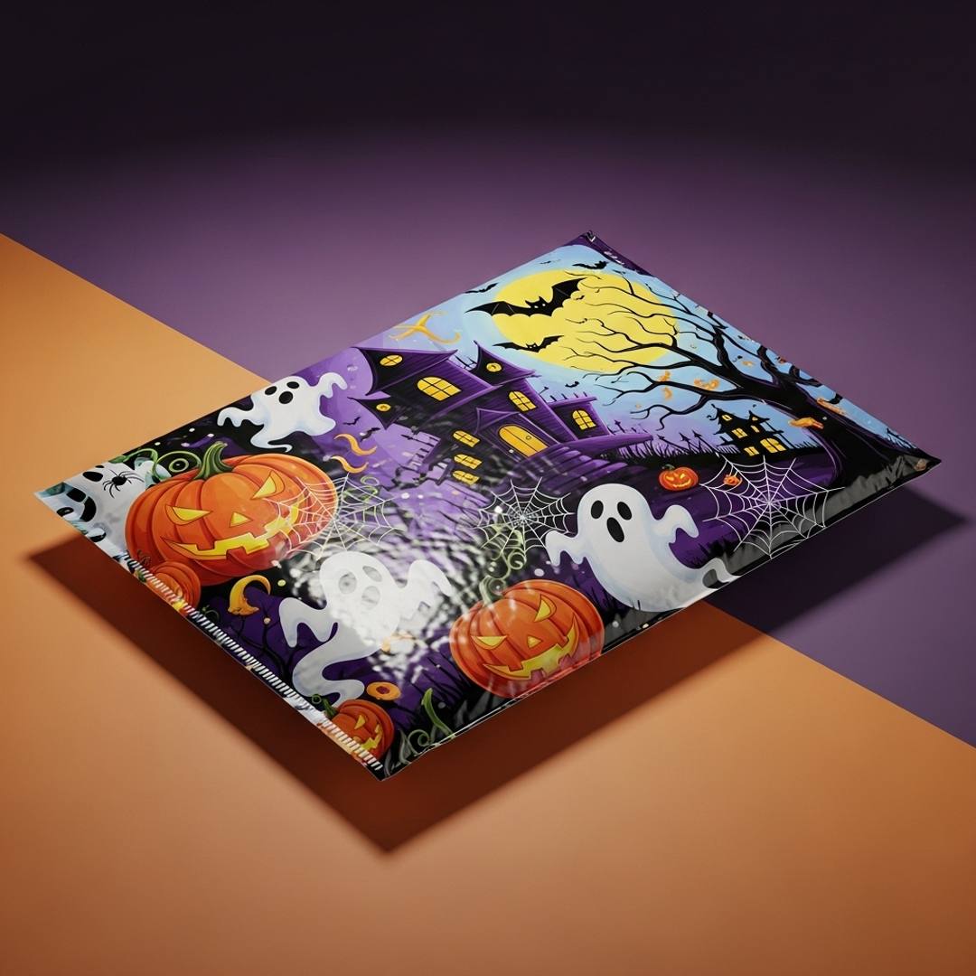 Purple mailer printed with a full-colour haunted house scene, ghosts and pumpkins