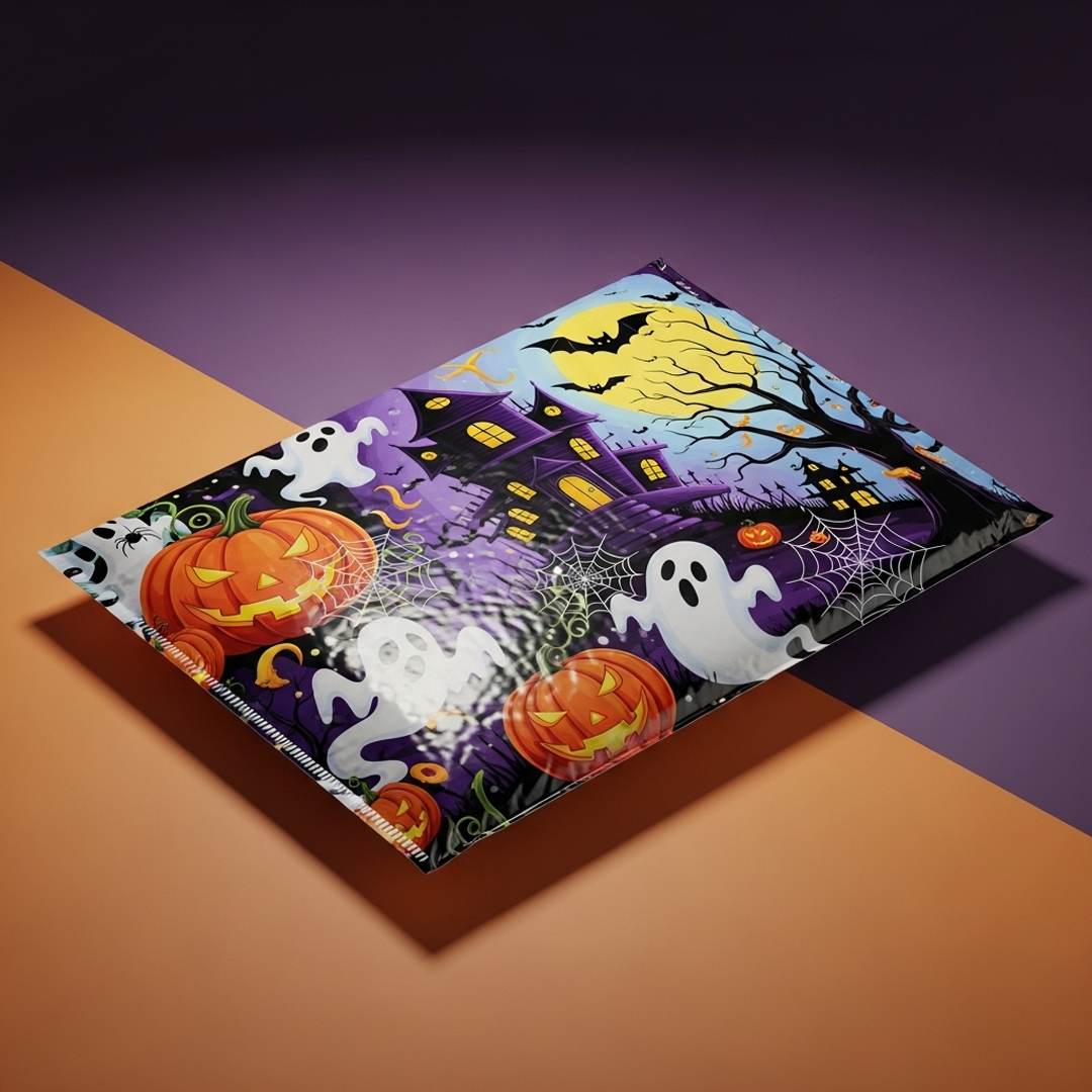 Purple mailer printed with a full-colour haunted house scene, ghosts and pumpkins