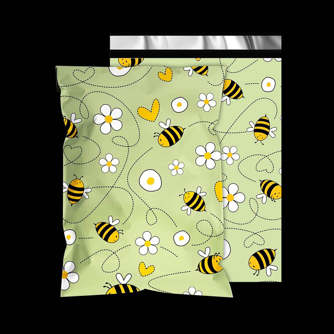 Sage green mailer printed with a repeating pattern of bees, daisies and dotted flight lines