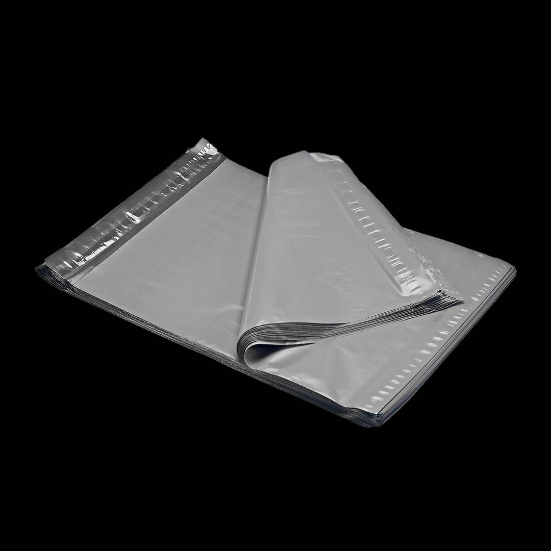 Silver-grey mailers stacked flat, the top one peeled back to show the film thickness at the fold