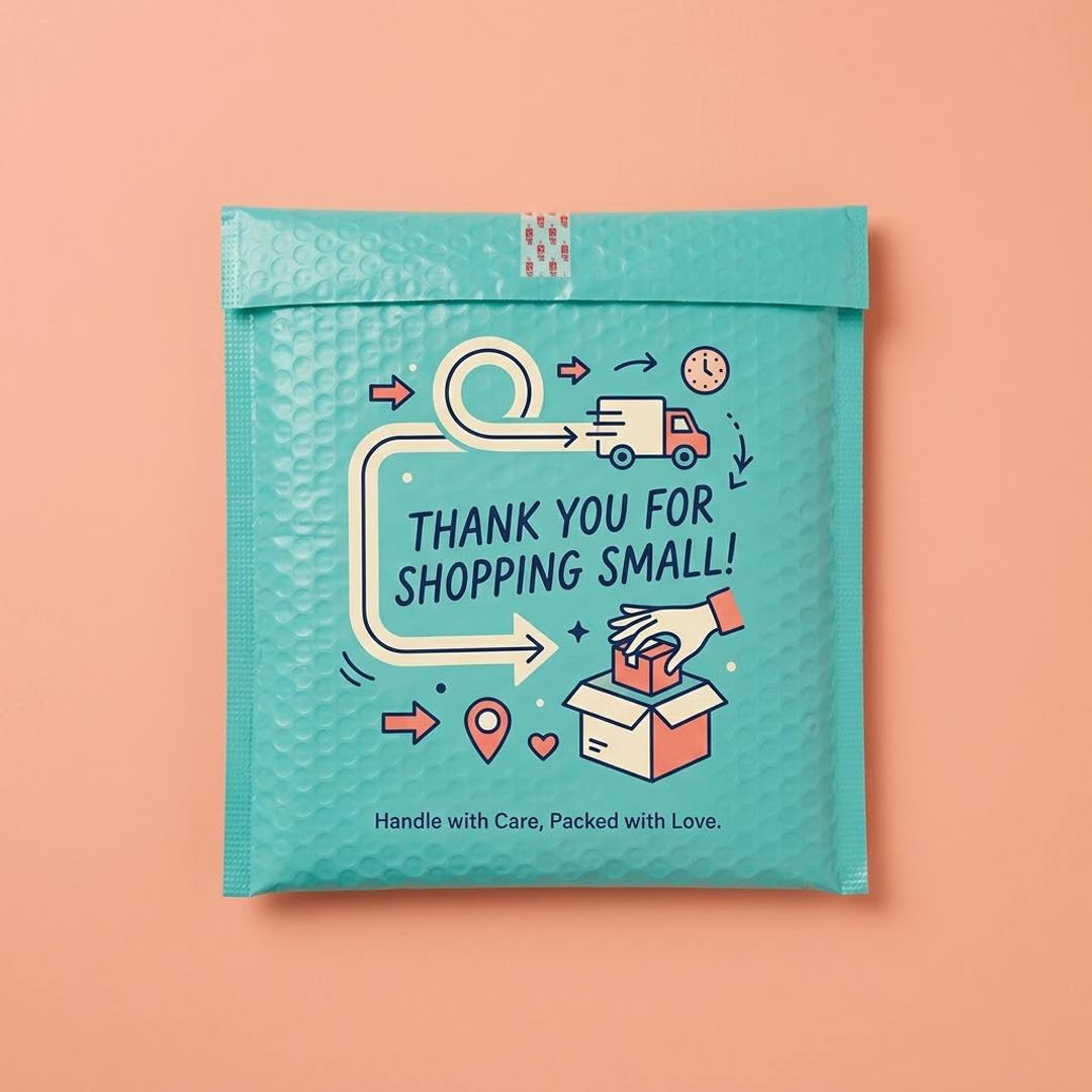 Teal bubble-lined mailer showing the dimpled surface across a printed front panel