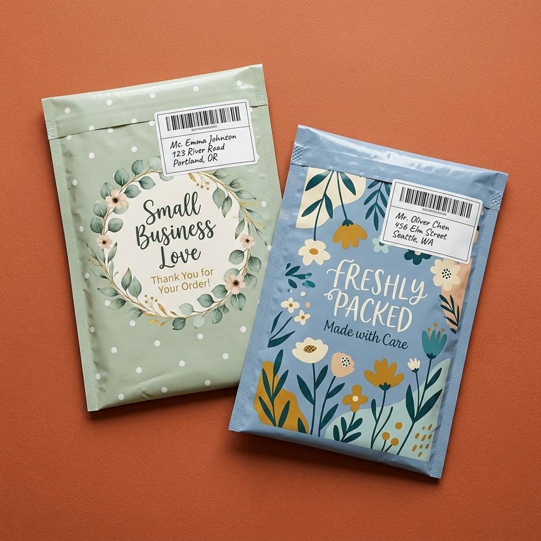 Two printed cushioned mailers in sage and blue, each with an address label applied over the design