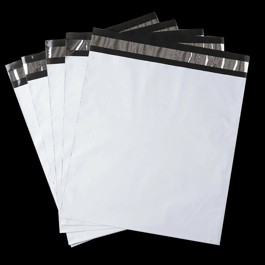 Fanned stack of unprinted white poly mailers with dark seal strips