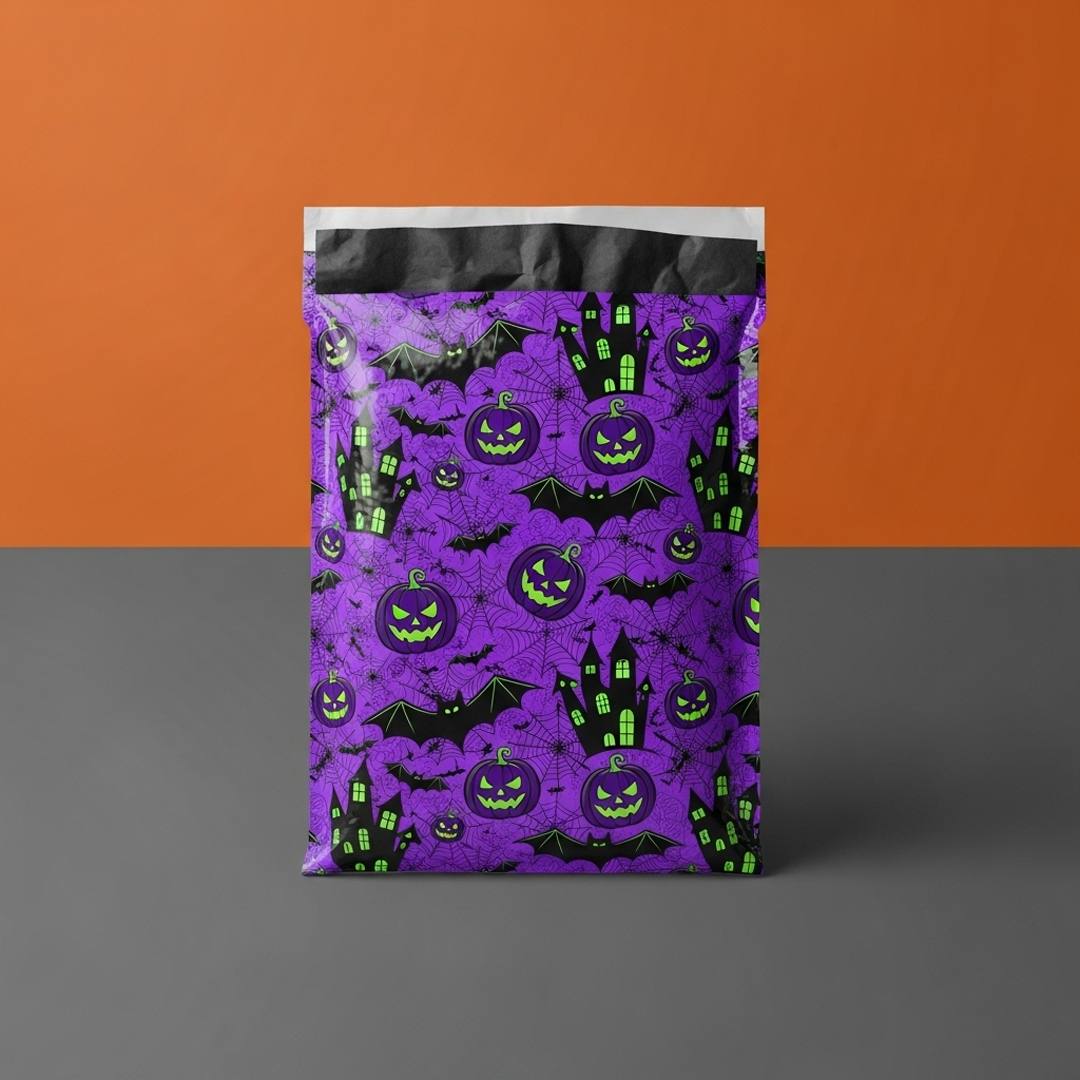 Violet mailer printed with green jack-o-lanterns, bats and cobwebs on a dark ground