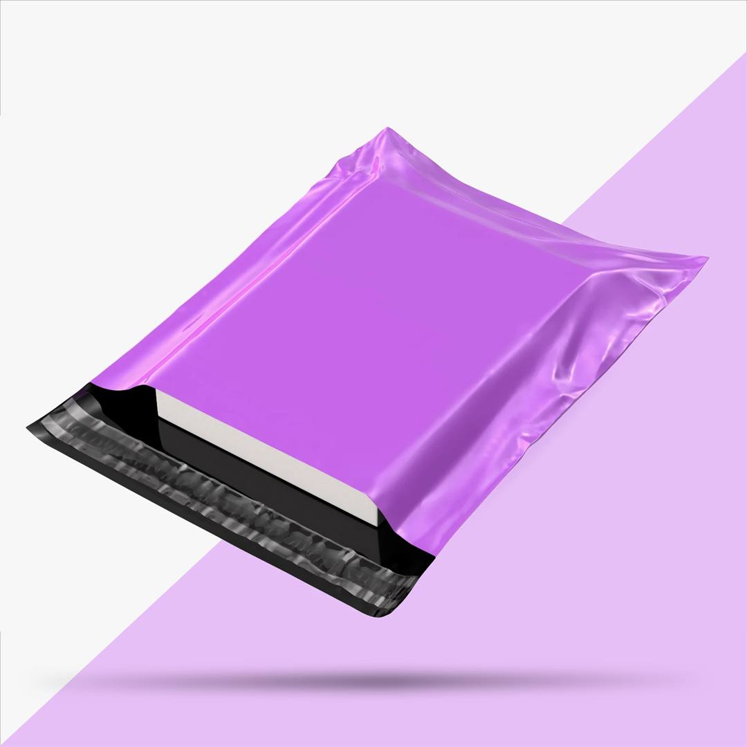 Violet poly mailer packed and angled, showing how a saturated colour looks when filled
