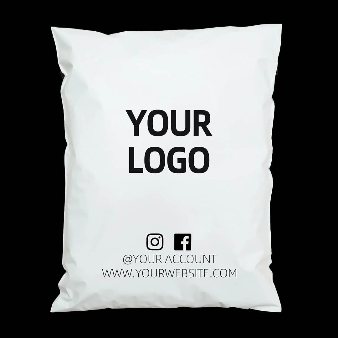 A printed mailer showing a placeholder mark centred on the panel with handles set beneath it