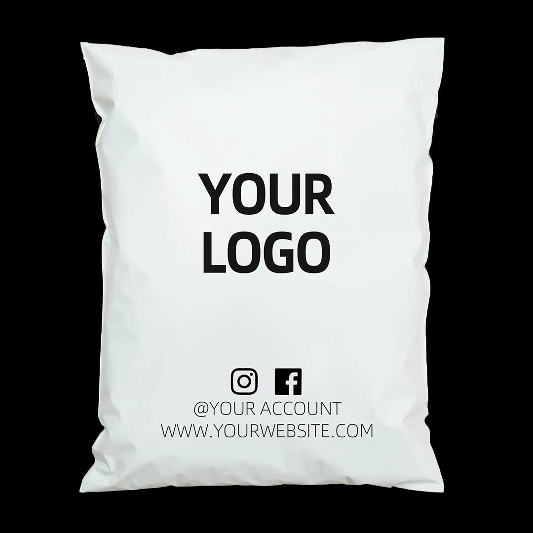 White garment mailer printed with placeholder logo and social handle artwork