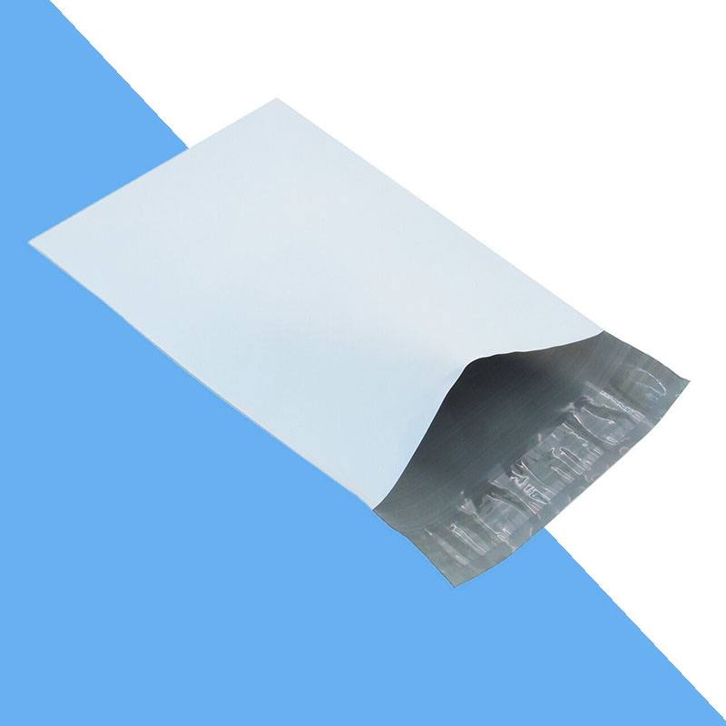 White poly mailer with its peel strip liner partly lifted to show the adhesive