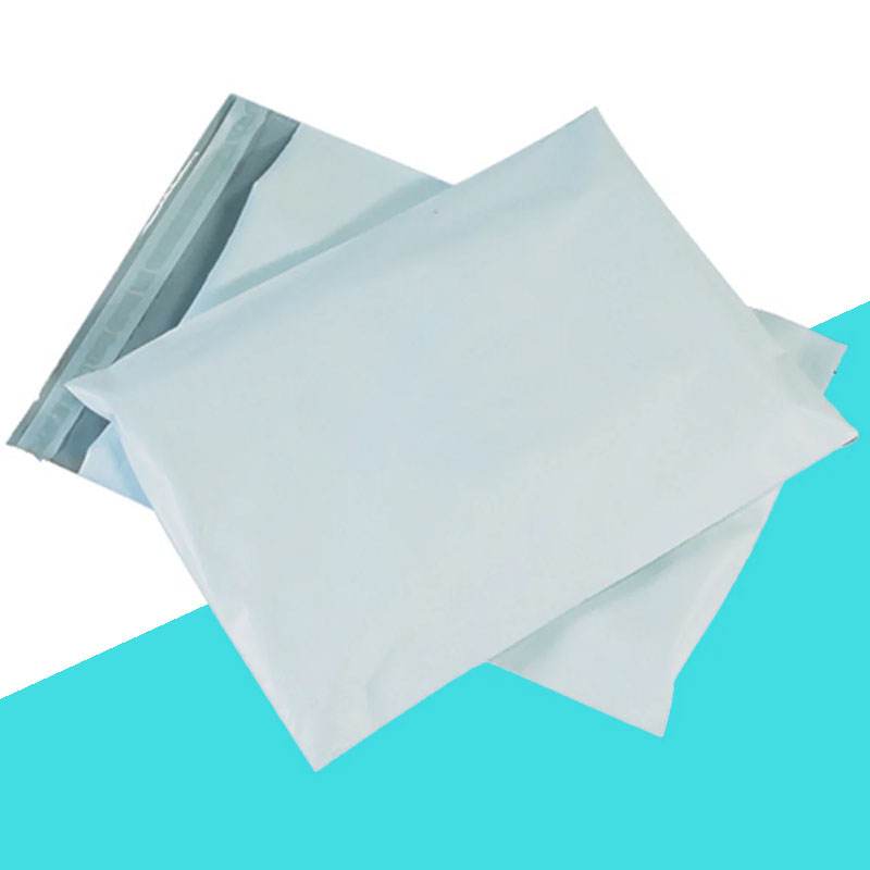 Two white poly mailers overlapping, the upper one showing its open adhesive flap