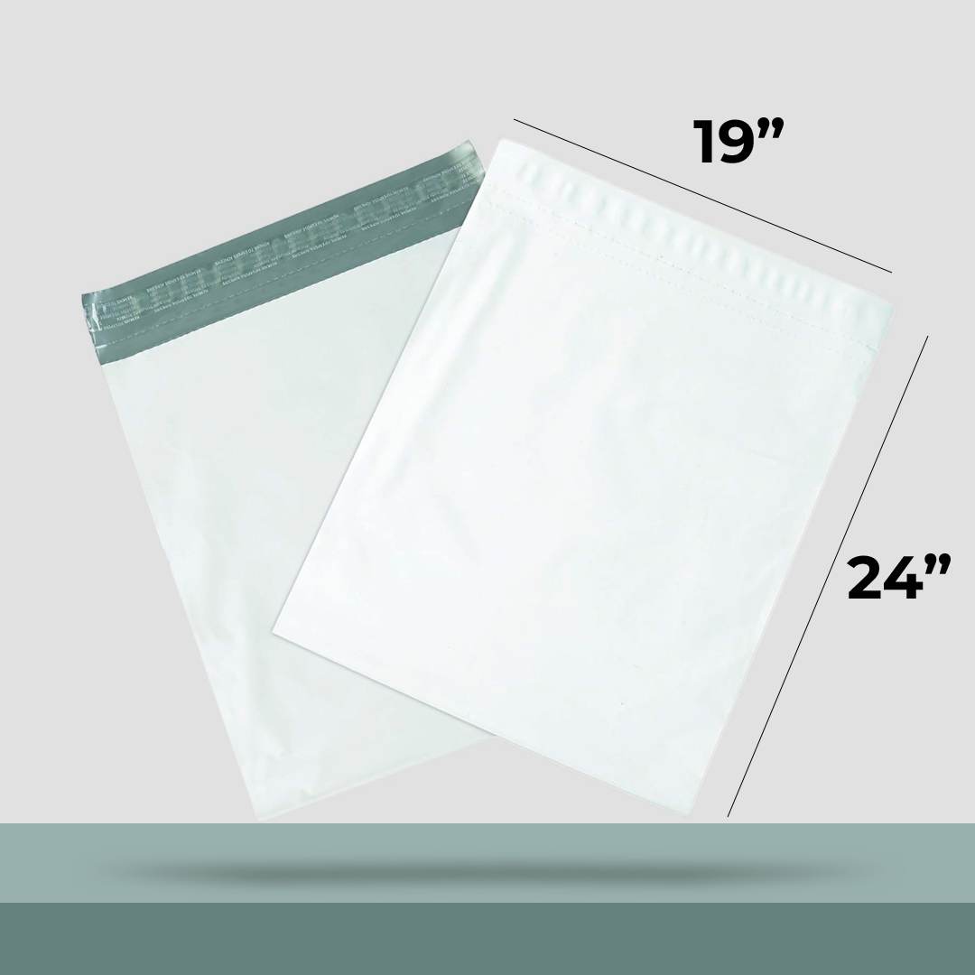 Two white poly mailers with printed 19 inch and 24 inch dimension callouts alongside them